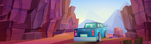 Pickup truck rides through canyon in mountains. Vector cartoon illustration of summer landscape with gorge, stone cliffs, rocks and blue car. Concept of road trip, journey by auto