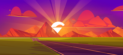 Road at mountains sunset, nature landscape with sun behind the rocks, purple sky and red clouds. Empty asphalted highway going to rocks and green field perspective view, Cartoon vector illustration