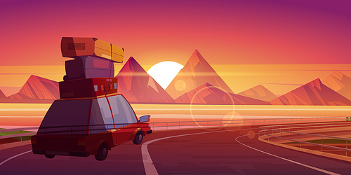 Car journey, summer travel, road trip at scenery sunset landscape with mountains and water bay. Automobile with bags on roof going at overpass highway for vacation holidays Cartoon vector illustration