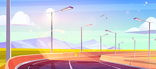 Old broken road with pits and cracks in asphalt and concrete fencing. Vector cartoon illustration of summer landscape with bad highway, green fields and mountains on horizon