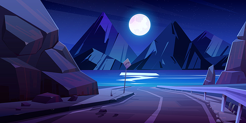 Night landscape with car road, river, mountains on horizon and full moon in sky. Vector cartoon illustration of lake with asphalt highway with sign and fencing and white rocks on coast