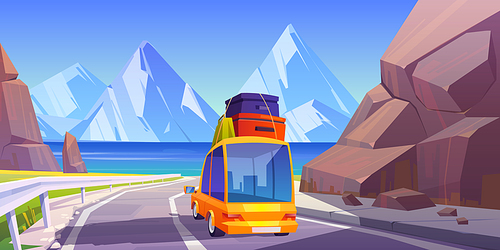 Road trip by car at summer vacation, holidays travel on automobile with bags on roof going at highway in mountains with seaview. Family leisure on ocean, nature journey, Cartoon vector illustration