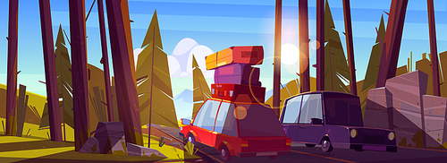 Car travel, road trip by automobile at summer vacation, auto with bags on roof drive forest highway with trees at day time. Family camping, holidays leisure, nature journey cartoon vector illustration