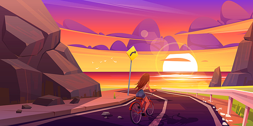 Girl on bicycle riding mountain road at dusk seascape view. Young woman bike trip, travel at highway with beautiful seaview landscape. Journey to ocean at summer holidays, cartoon vector illustration