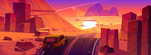 Car driving road at sunset desert or canyon beautiful landscape with red orange sky and sun down. Jeep travel, riding asphalt highway route with dusk skyline, rocky barren, Cartoon vector illustration