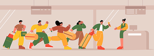 People running at airport, worried men and women tourists run for registration desk, show tickets. Characters hurry to plane boarding. Travelers missing or transit flight, Line art vector illustration