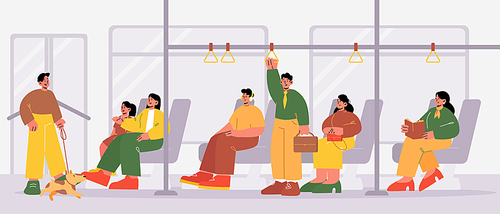 People ride in public transport. Vector flat illustration of bus, train or tram interior with seat, handrails and sitting and standing passengers. City public transport with men and women inside