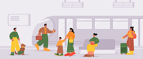 People at subway platform with train at metro station. Passengers stand, walk or sit at underground tunnel. Tourists and citizen characters use urban public transport, Line art vector illustration