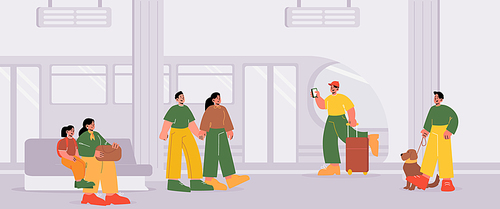 Railway station with people on platform and train. Vector cartoon illustration of city subway waiting terminal with passengers, man with dog, baggage and phone, woman with kid and couple