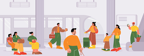 Railway station with train and crowd of people on platform. City subway terminal with waiting passengers, women with kids, man with dog, businessman, girl with suitcase. Vector cartoon illustration