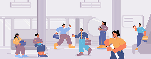 People at subway platform with train at metro station. Passengers hurry, stand, walk or sit on bench at underground tunnel. Characters use public transport, city life, Line art vector illustration