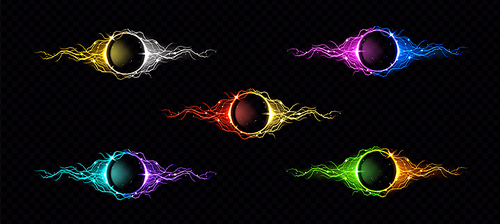 electric lightning ring with color glow effect. illuminated neon round frames. vector realistic digital portals with sparking electrical discharge isolated on black