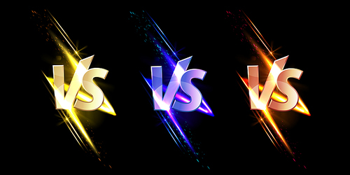 vs vs signs with glow and sparks, game or sport confrontation symbols on black background with glowing sparkles. martial arts combat, fight, battle competition challenge, realistic 3d vector set