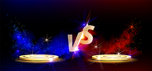 vs screen design with golden podiums for game battles, sport competition and challenge. vector template of headline with gold vs symbols and round platforms with red and blue glow and sparkles