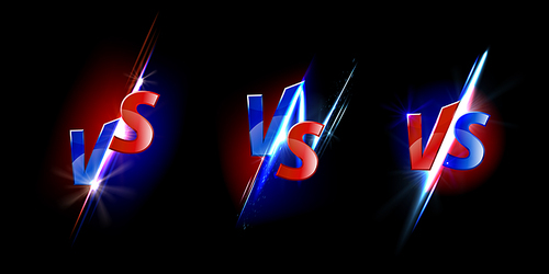 vs screen design for game battles, sport competition and challenge. vector template of headline with glowing blue and red vs symbols for mma or boxing match isolated on black background