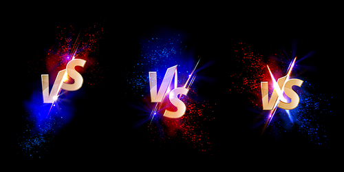 vs vs gold signs with glow and sparks separated on blue and red sides. sport confrontation symbols on black background. martial arts combat, fight, competition challenge, realistic 3d vector set