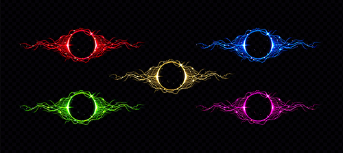Electric lightning circle with color glow effect. Illuminated neon round frames. Vector realistic digital rings with sparking electrical discharge isolated on black background