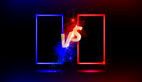 vs vs gold sign with blue and red empty frames or borders and glow sparks on black background. sport confrontation, martial arts combat, fight competition or challenge, realistic 3d vector concept