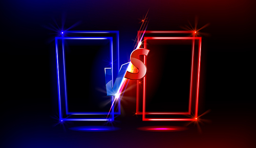 vs screen design with shiny neon frames for game battles, sport competition and challenge. vector template of headline with glowing blue and red vs symbols for mma or boxing match