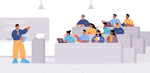 Students in lecture hall with teacher explain information. Learning process in university auditorium with scholars and professor in seminar, education, studying concept, Line art vector illustration
