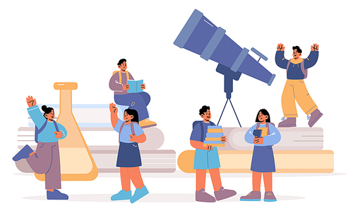 Back to school, studying and education concept with students kids at huge books piles, telescope and chemical beaker read, learning classes, communicate, pupils children Line art vector illustration