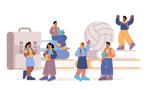 Diverse students kids studying, back to school, education concept. Multiracial pupils at huge book piles, sport ball and backpack children read, learn classes, communicate Line art vector illustration
