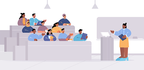 University lecture hall with teacher at pulpit and multiracial students. Concept of education, public seminar, international conference. Vector flat illustration of classroom with speaker and audience