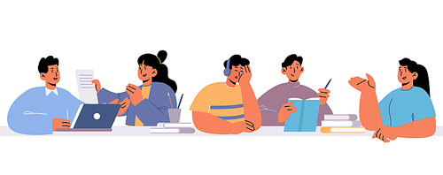 Group of students study together with books and laptop. Vector flat illustration of happy young people sitting at table and learning in school class, university or college library or classroom