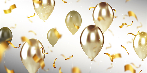 Background with gold balloons and confetti, birthday or anniversary party celebration, foil helium balloons on blur backdrop. Template for invitation, wallpaper design Realistic 3d vector illustration