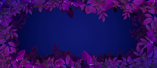 Blue background with frame of purple leaves. Night jungle or summer forest design. Vector poster with border of cartoon foliage in neon colors and copy space in center