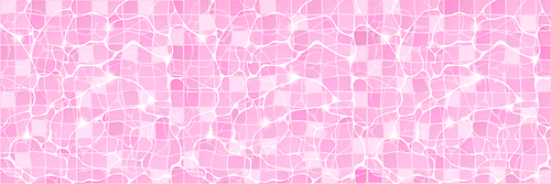 Water pool top view background with pink tiled floor and ripples on aqua surface. Swimming basin transparent liquid texture with shining sun rays light reflection, Realistic 3d vector illustration