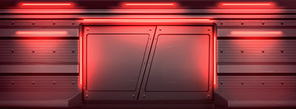 Metal door in bunker or secret laboratory with red glowing illumination. Sliding gates with scratched surface in spaceship or alien shuttle, ski-fi entrance, Realistic 3d vector background for game