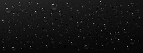 condensation water drops on black background. rain droplets with light reflection on dark surface, abstract wet texture, scattered pure aqua blobs  realistic 3d vector illustration