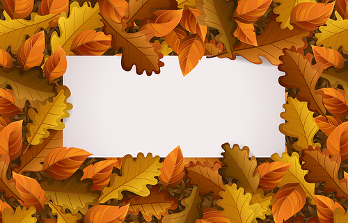 Autumn banner with fall foliage. Vector cartoon poster with blank white copy scape and frame of yellow, orange and brown leaves. Thanksgiving card, season sale flyer