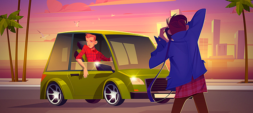 Man with camera take photo of driver sitting in green car. Vector cartoon tropic landscape of city on sea coast at sunset, road and vehicle with person pose for photograph