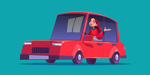 Happy girl sitting in red car. Vector cartoon illustration of female character drives vehicle isolated on green background. Professional woman driver in automobile with open window