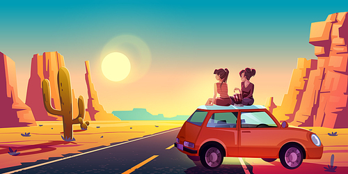 Girlfriends sit on car roof admire beautiful sunset or sunrise picturesque view in desert with asphalt road going into the distance through rocks and cacti, friends travel, Cartoon vector illustration