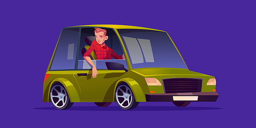 Man sitting in the car, driver cartoon character wear red chequered shirt sitting at green sedan automobile helm looking through open window. Isolated male personage, vehicle owner Vector illustration