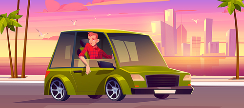 Man driving car at road with sunset cityscape view with skyscrapers and palm trees at seaside, Driver cartoon character wear red chequered shirt riding at green sedan automobile, Vector illustration