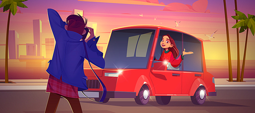 Photographer shoot woman sitting in red sedan car at beautiful sunset cityscape view with skyscrapers and palm trees at seaside, Girl posing to man with photo camera, Cartoon vector illustration