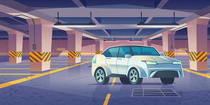 Car in underground parking, garage with vehicle and vacant places. Infrastructure area for transport in building basement with columns and guiding arrows show way to exit, Cartoon vector illustration