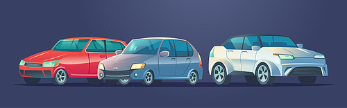 Modern cars, automobiles set. Auto collection, white, red and gray vehicles isolated on blue . Vector cartoon illustration of passenger motor cars with sedan and hatchback cab