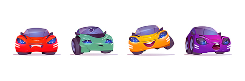 Cartoon car characters express happy or sad emotions, cute automobile emoticons with smiling face, unhappy transport with broken windshield isolated on white , Vector illustration, icons set