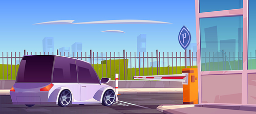 Car stand at parking security entrance with automatic barrier, guardian booth, stop line and road sign. City guard system for automobile park, closed private area access, Cartoon vector illustration