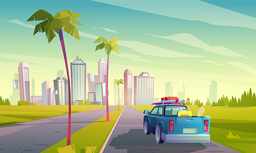Summer travel by car. Vector cartoon illustration of auto with luggage on road to tropical city with skyscrapers and palm trees. Concept of vacation, trip by car to resort