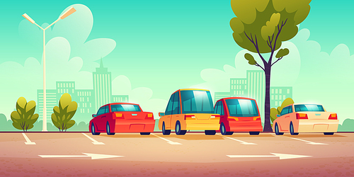 Cars on city street parking with road marking. Vector cartoon illustration with modern automobiles parked in town and cityscape on background. Urban landscape with vehicles and buildings