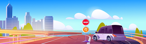 Car stand at broken overpass highway, road pit or hole with warning signs and stuck automobile at city view with skyscraper buildings and modern houses over sea landscape, Cartoon vector illustration