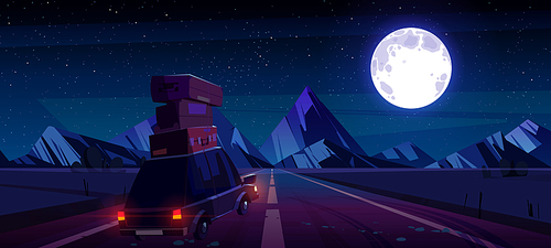 Car with luggage on roof drive on road to mountains on horizon at night. Vector cartoon illustration of landscape with highway, rocks, auto with suitcases, full moon and stars in sky