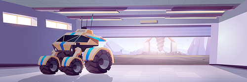 Rover in hangar on alien planet surface with drilling rig. Vector cartoon fantasy illustration of cosmos investigation with garage interior with explorer robot and derrick with auger outside