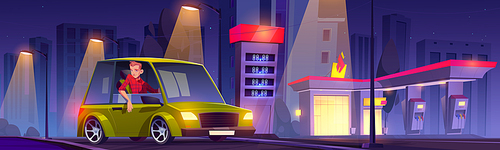 Driver on car refueling station at night, gasoline filling service. Man sitting in automobile near petrol shop building facade, fuel selling for urban vehicles, gas refill, Cartoon vector illustration